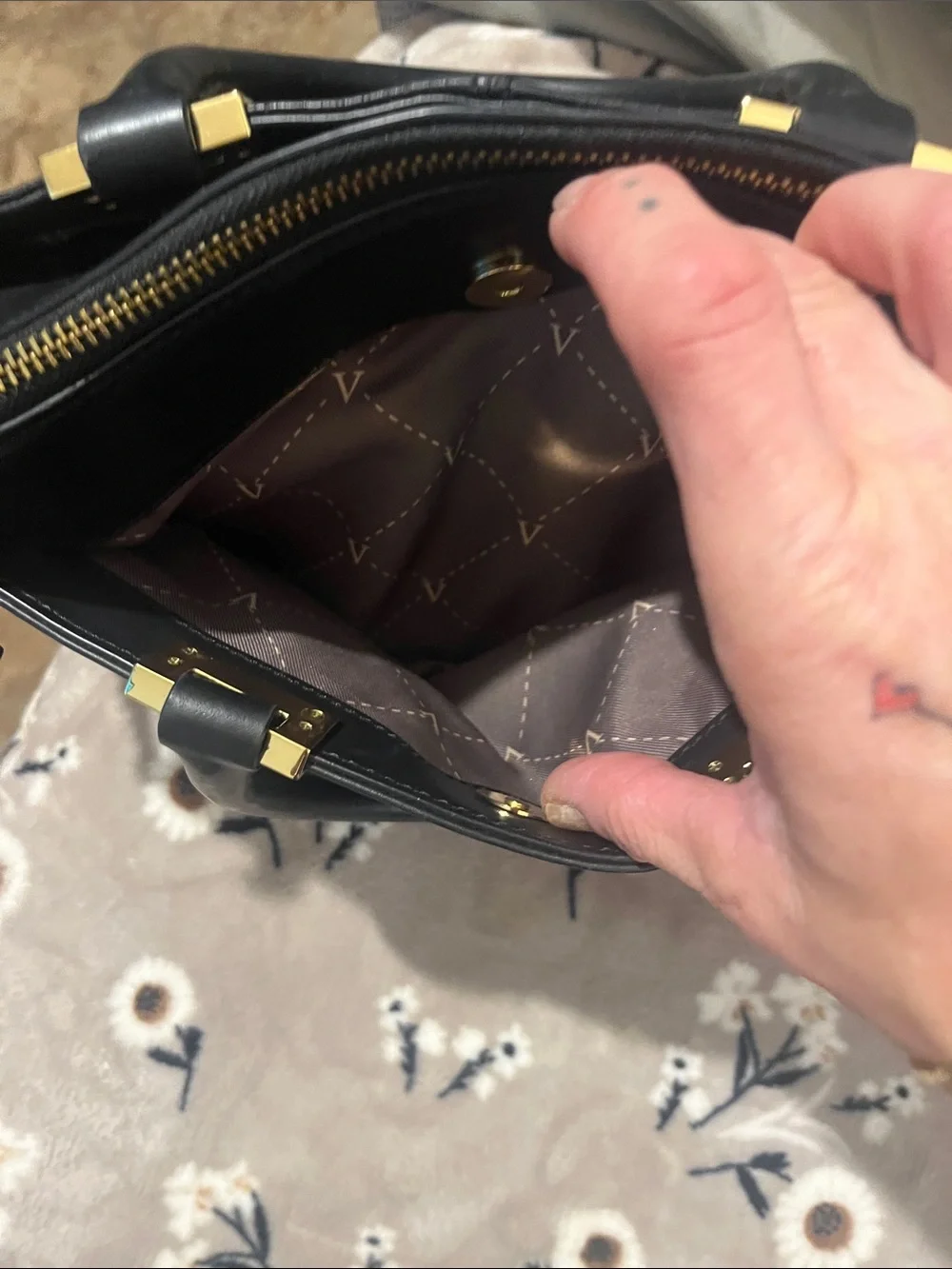 Vince Camuto Black Leather Tote with Gold Hardware for crossbody